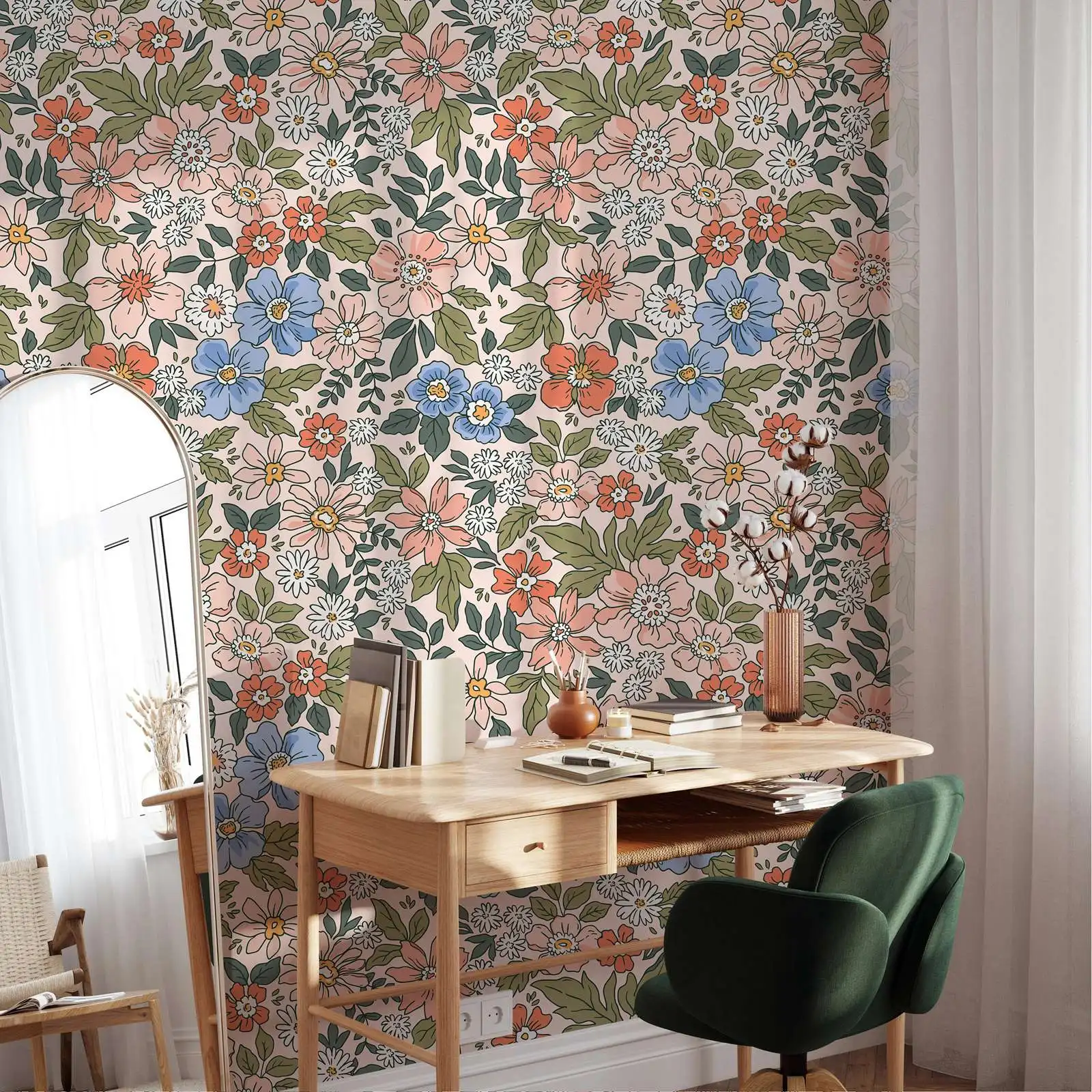 70s Floral Peel and Stick Wallpaper ,Vintage Floral Nursery Wall Mural,Flowers Self Adhesive Botanical Wallpaper Or Traditional