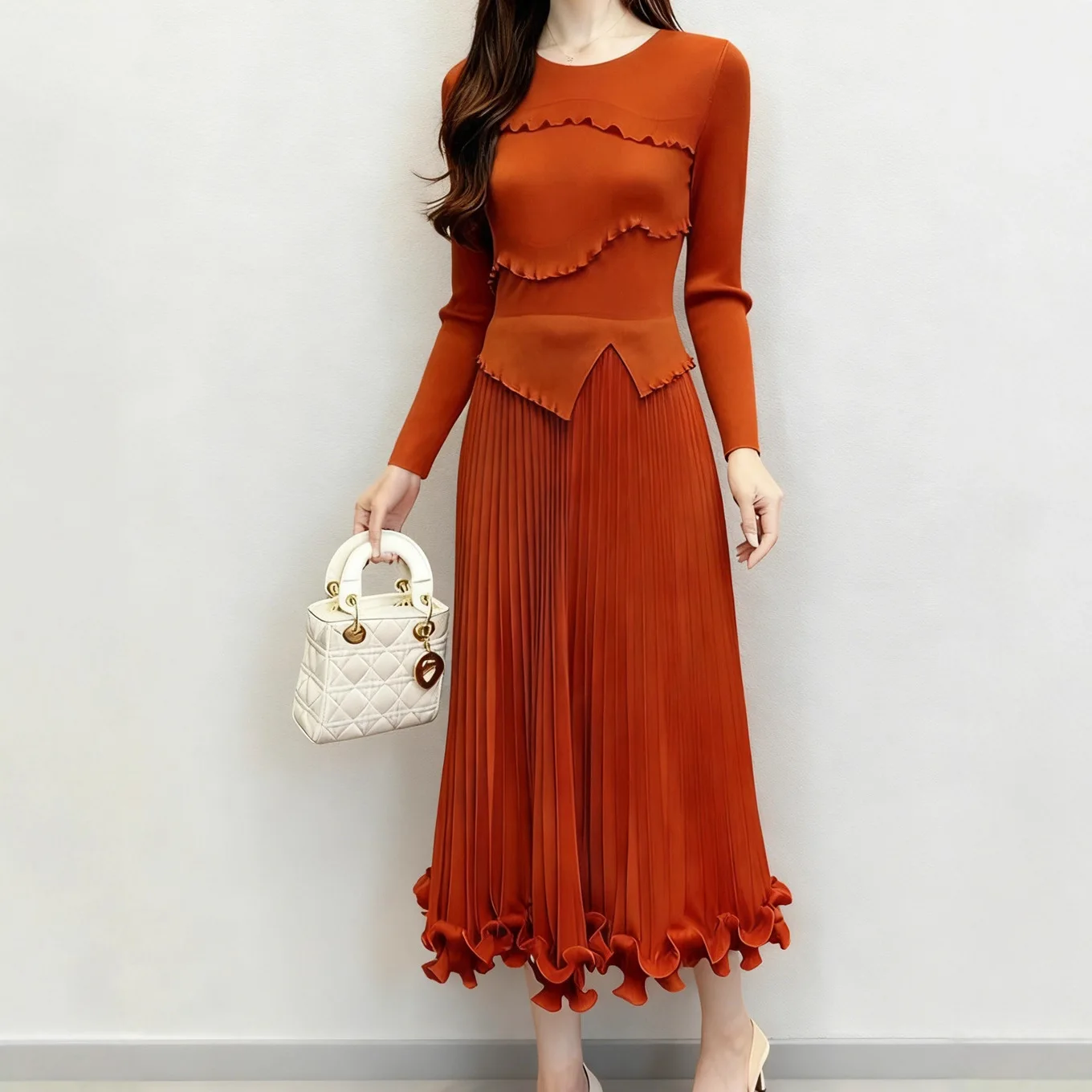 

Miyake Pleated 2025 Fashion Dresses Women Spring Autumn Long Women's Wooden Ear Side Patchwork Pleated Skirt Women Long Pleats