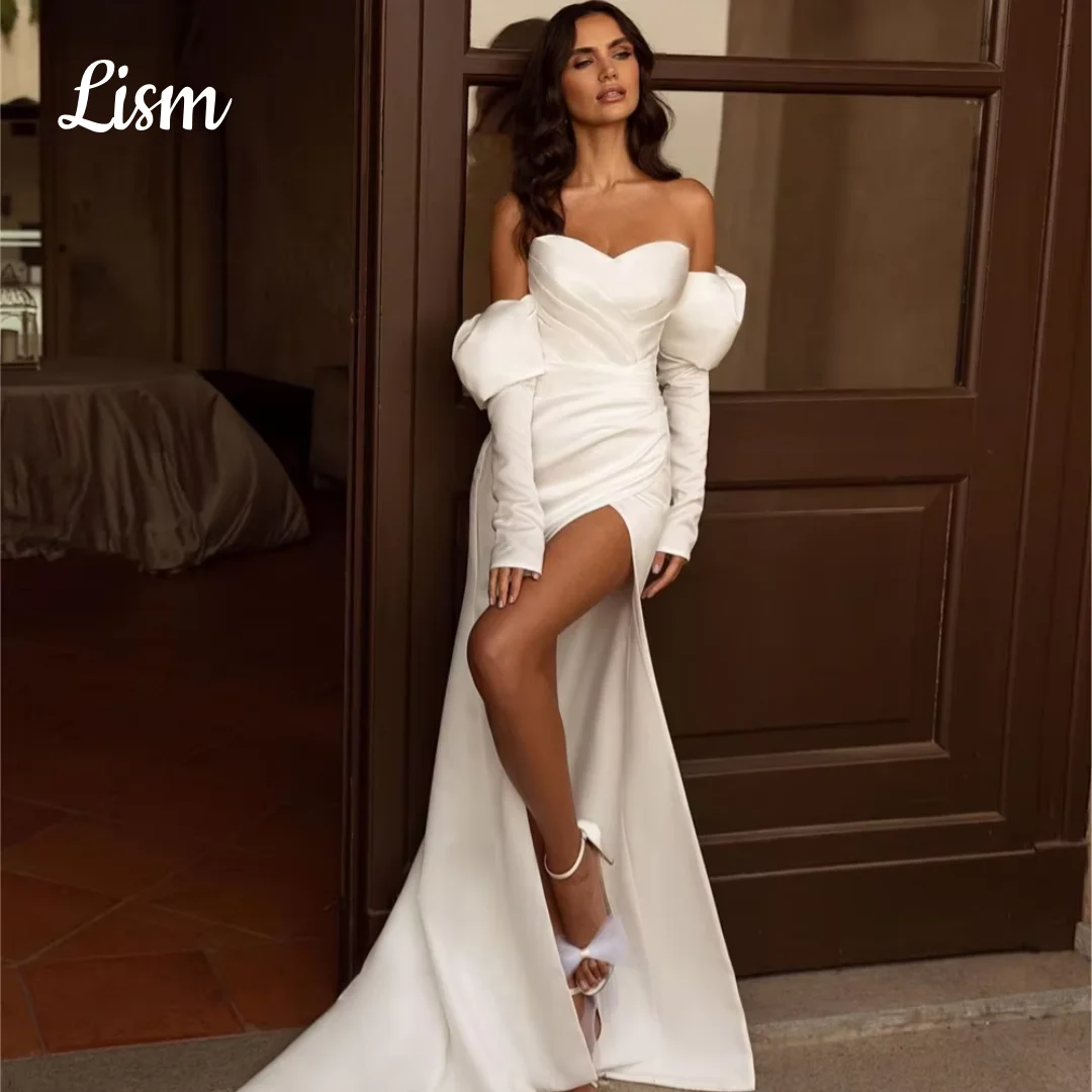 Lism Simple Wedding Dresses Sweetheart Remove Full Sleeves Side Slit Satin Train Mermaid Elegant Bridal Gown Customized 2026