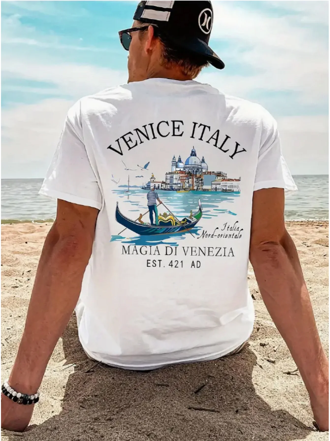 Camiseta Gráfica Retrô Veneza Itália com Estampa em Aquarela de Gôndola e Canal, 100% Algodão, Camiseta Masculina Casual de Verão para Praia