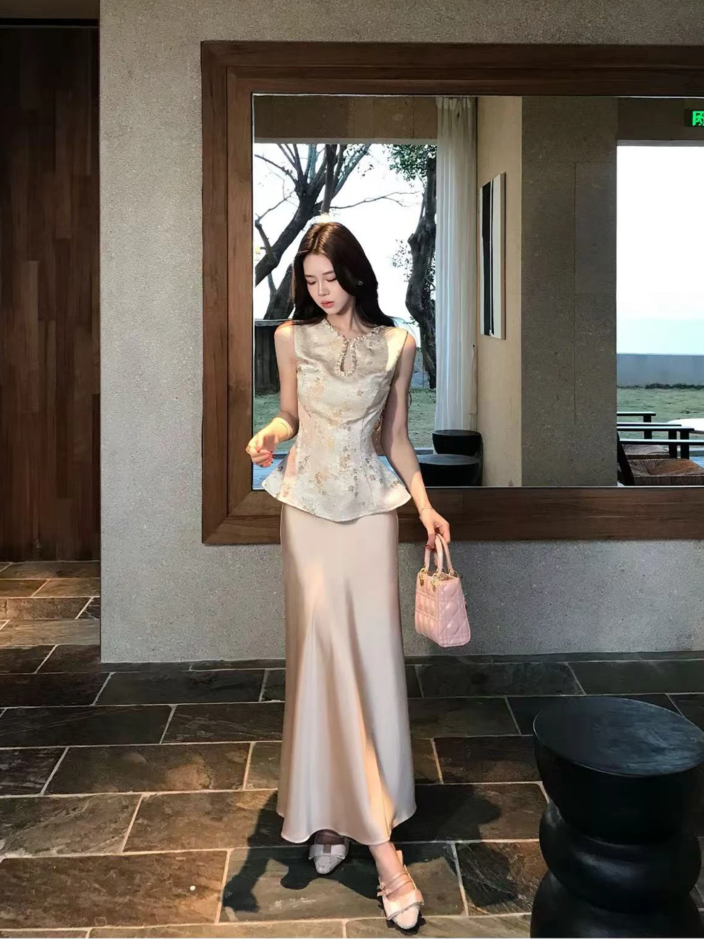 

New Chinese Style High Waist Skirt Set Women's Sleeveless Two-Piece Suit Spring 2026 Slimming Effect Fashionable