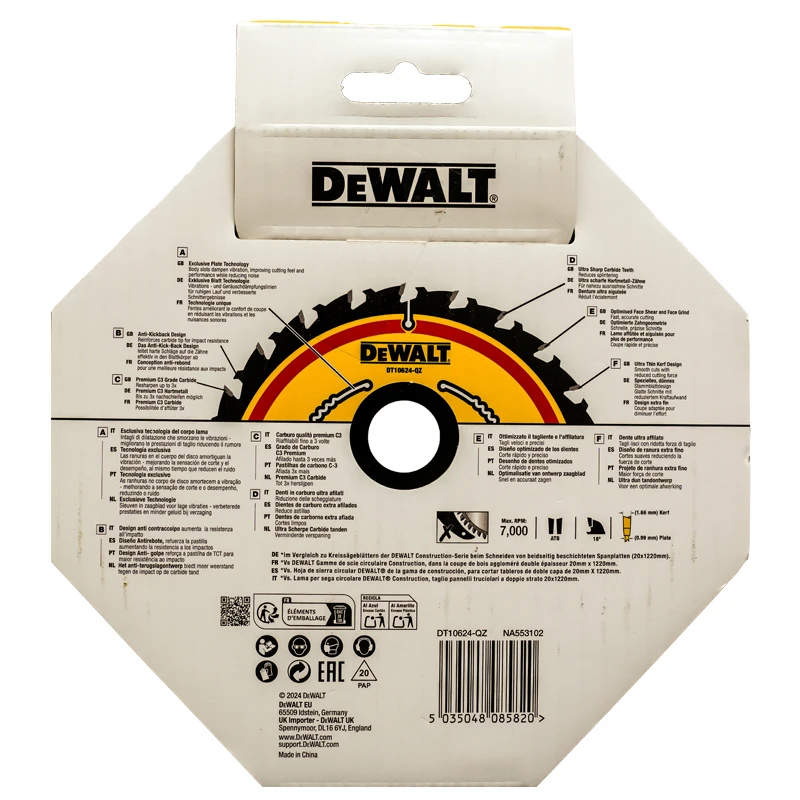 DEWALT DT10624 165 x 20 mm 24 T Hoja de sierra circular de construcción Grado C3 Metal duro Accesorios de herramientas eléctricas de corte rápido