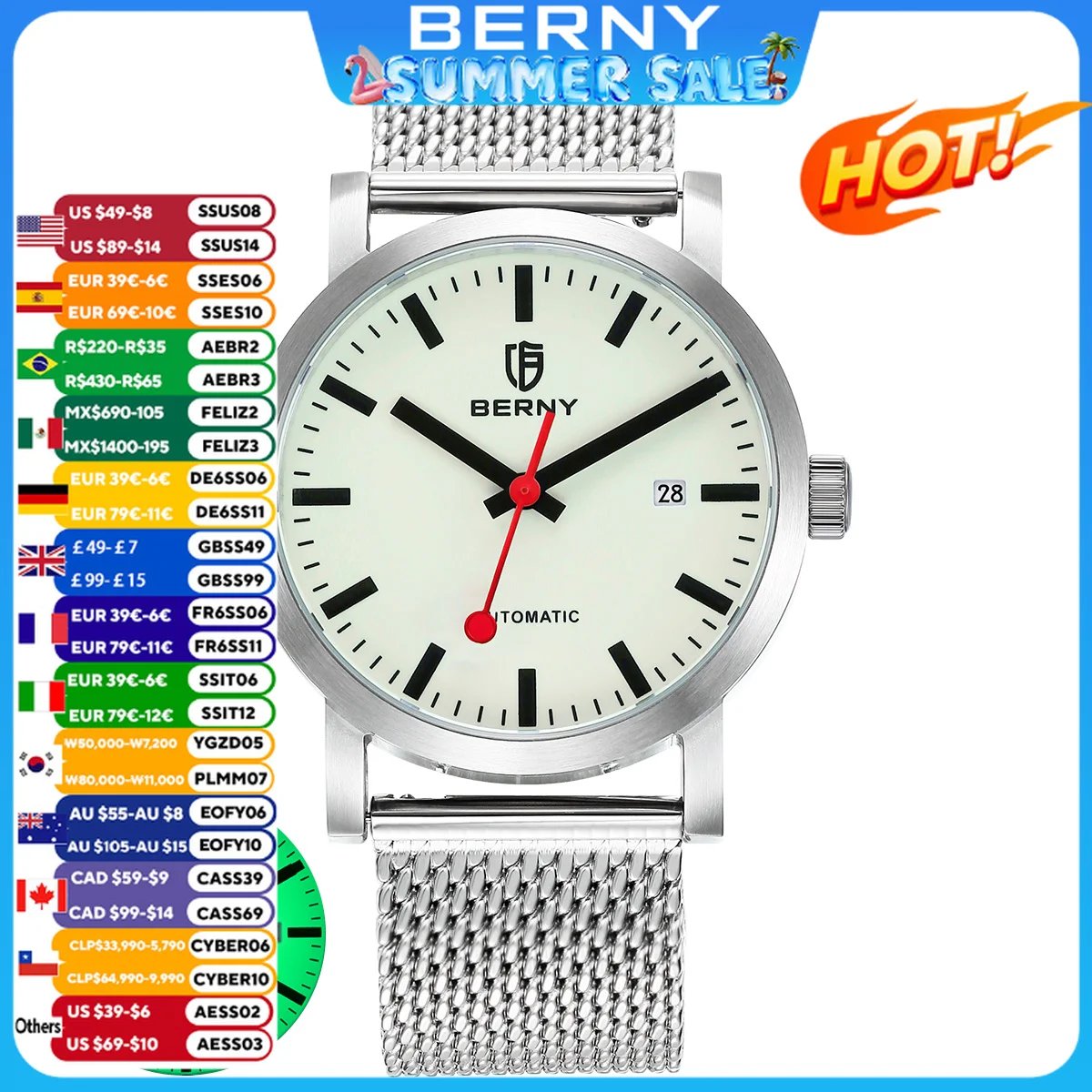 

BERNY Top Quality Automatic Men's Watch Supper Luminous Self-Wind Sapphire Waterproof 316L Steel Mesh Belt Mechanical Men Watch