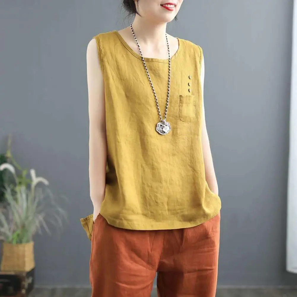 

Women Summer Casual Vest O-Neck Sleeveless Buttons Decor Cotton Linen Loose Vest Blouse Solid Color Pocket Tank Tops Streetwear