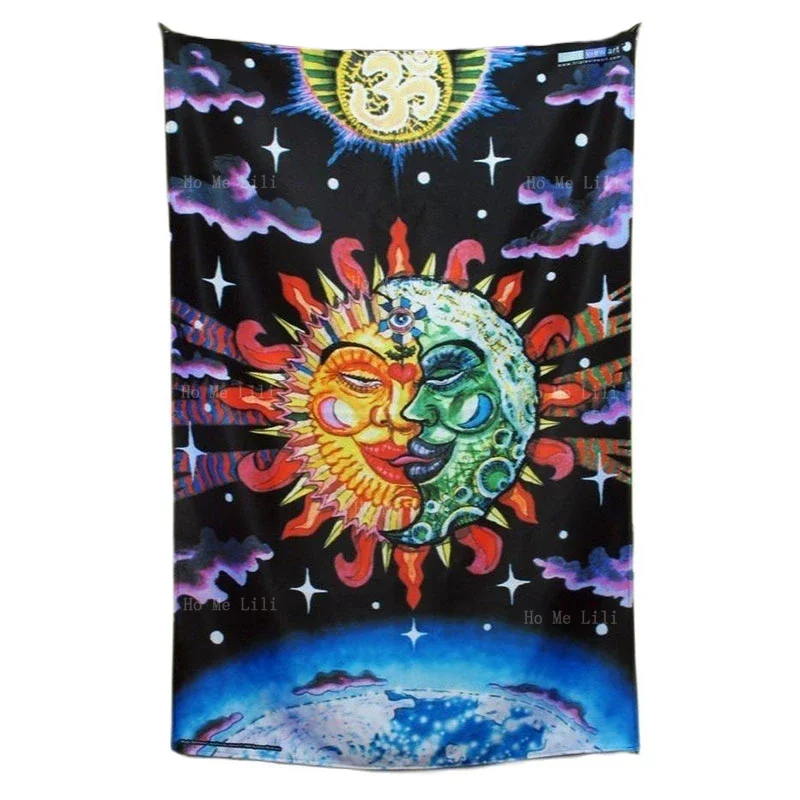 Trippy Magic Sunmoon Tapestry Alien Shrooms UFO Skull King Wall Art Uv Background Psytrance Home Party Festival Decor