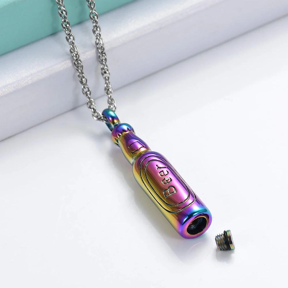 Wholesale Laser color Beer Bottle Ash Urn Necklace For Men Memorial Cremation Jewelry Personalized Stainless Steel Keepsake Gift