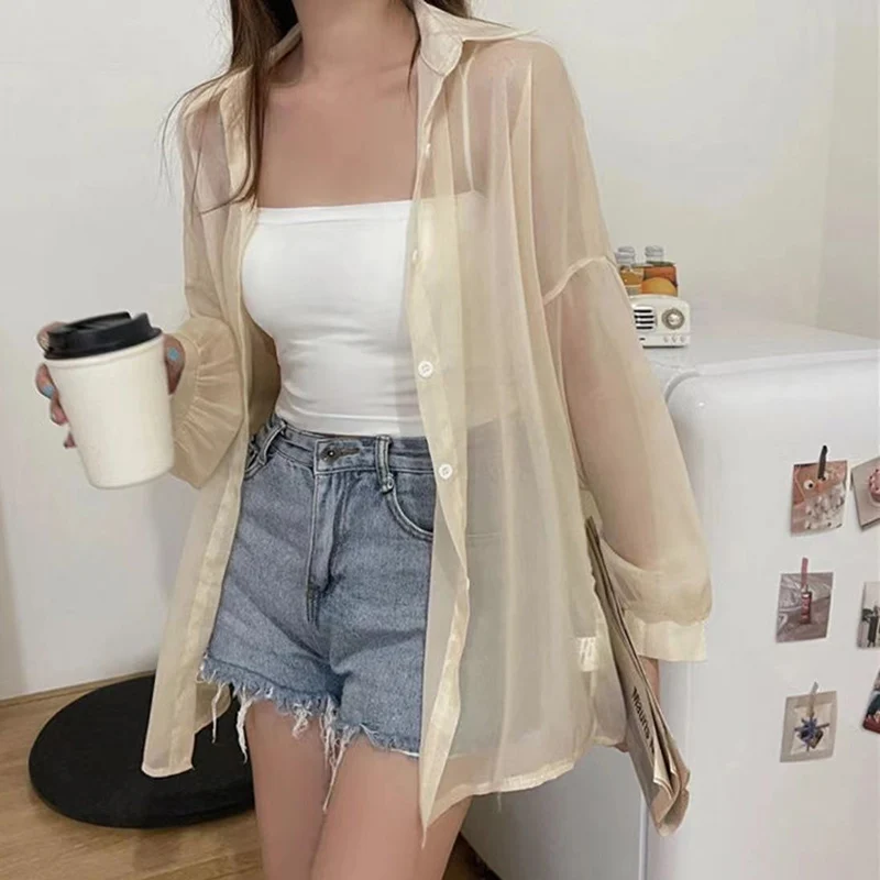 MEXZT Streetwear Sun Proof Shirts Women Oversized Sheer Sunscreen Blouses Harajuku Korean Beach Holiday White Long Sleeve Tops