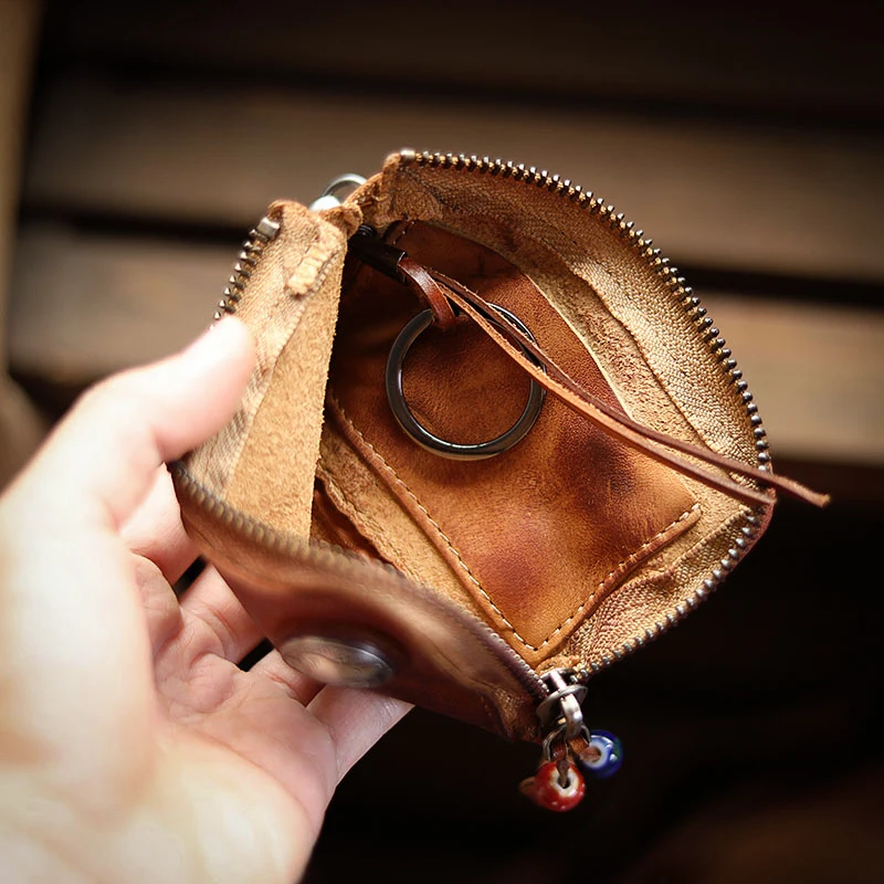 LUOKIR Deluxe Genuine Leather Home Car Key Bag Vintage Handmade Cowhide Coin Purse Men and Women Zipper Mini Wallet Card Holder