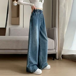 Large Size Denim Trousers Women Trailing Straight Wide Leg Loose High Waisted Slim Lace Tassel Higher Pants