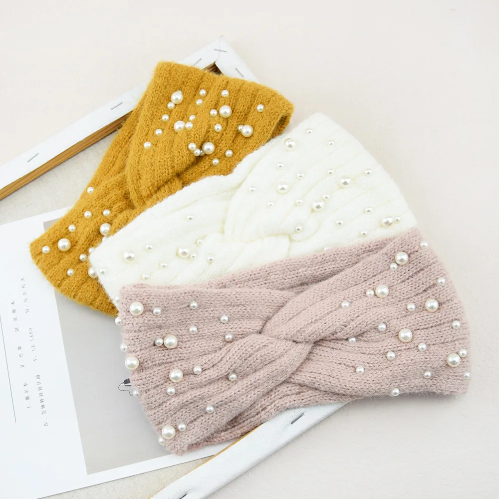 Perlen-Stirnband, Winter-Ohrwärmer, gestrickt, Kreuz-Headwrap, Turban, breite Krempe, Kopfbedeckung für Damen und Mädchen, modischer Haarschmuck – Detail 5