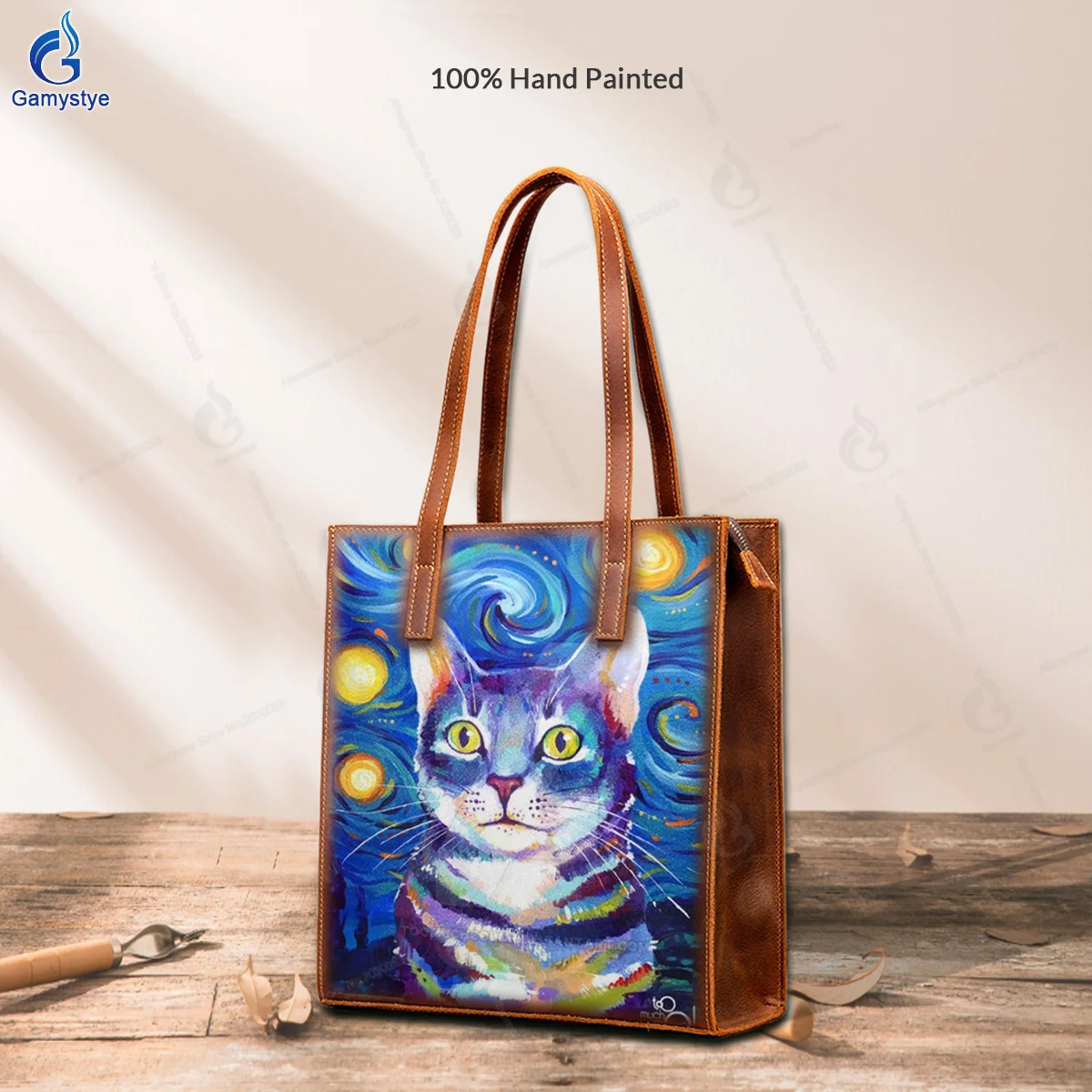 Art Hand-Painting Colorful kittens Customize Tote Ladies Tote Handbag Messenger Shoulder Bag For women 100% Real Cowhide Leather