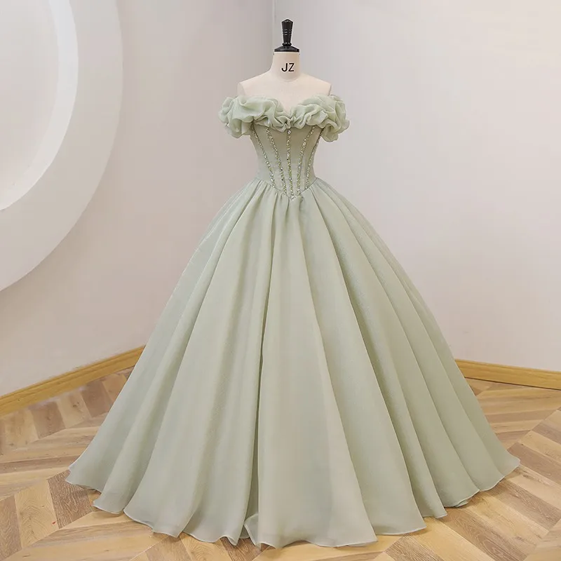 off-Shoulder Green Pettiskirt New Student Vocal Music Art Test Performance Dress Party Host Female