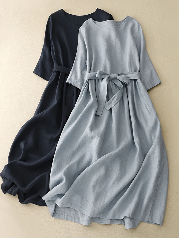 Large Size Dress Korean Brand Artistic round Neck mid Sleeve Belted Full Skirt Long Dress Comfortable Breathable Casual Summer