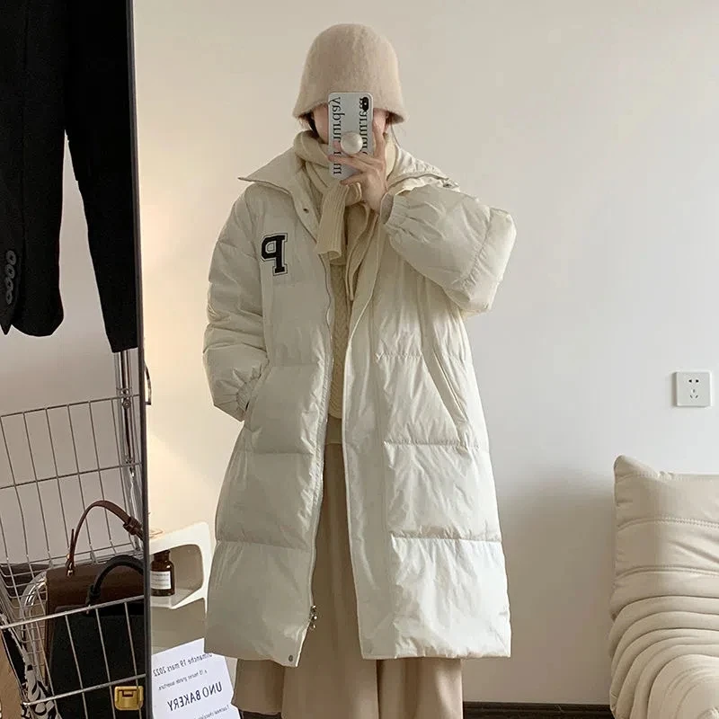 Loose Casual Stand Collar Down Coat 2023 Winter Women's Long Cotton Shirt South Korea Fashion Over Knee Thickened Coat