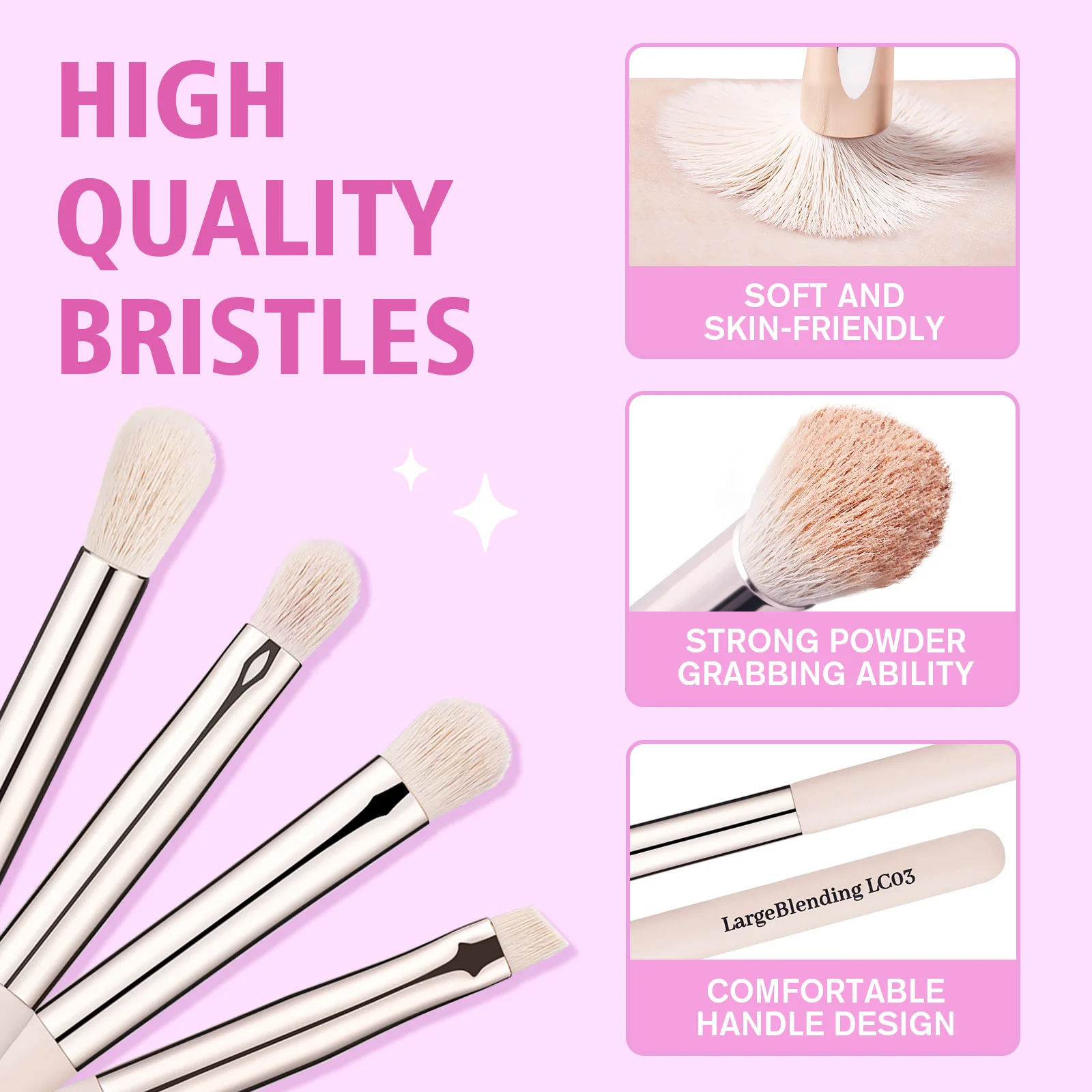 LOCKCUTE Juego de 4 brochas para sombra de ojos, cerdas premium respetuosas con la piel para mezclar, delineador y arrugas, juego de herramientas de maquillaje con apariencia fácil de los ojos