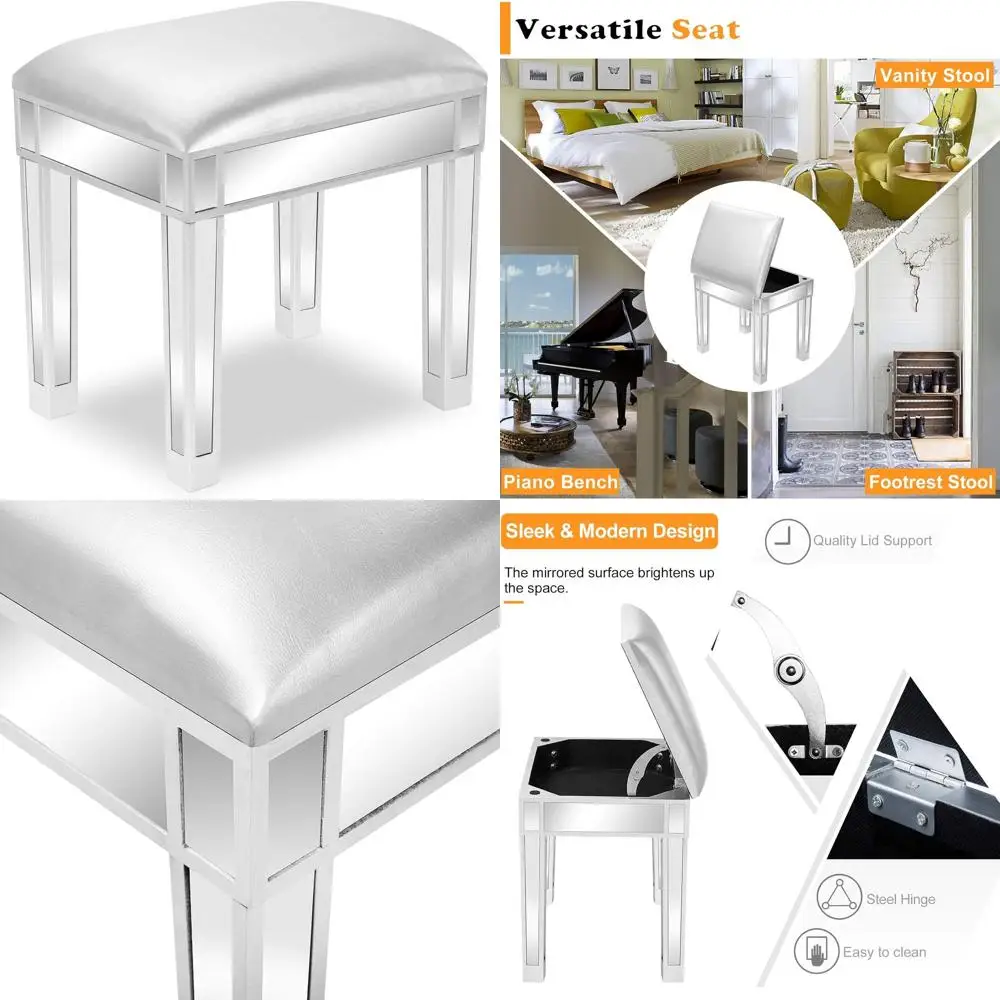 

Mirrored Vanity Stool with Storage, Leather Ottoman, Makeup Dressing Table Bench, Silver