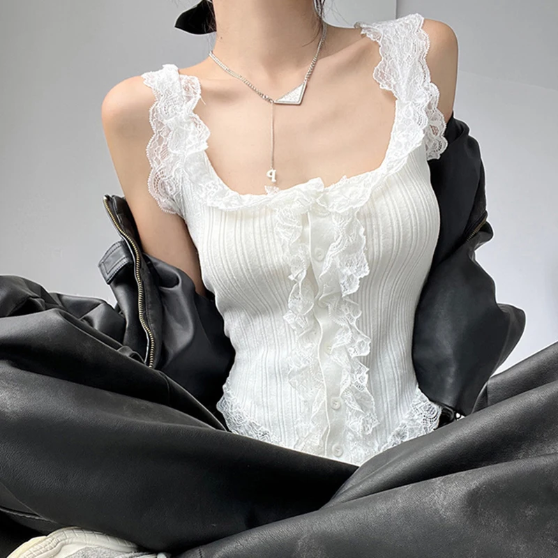 Camisetas sin mangas para mujer y niña, Tops elegantes con costuras de encaje Simple que combinan con todo, camisetas sin mangas cortas ajustadas informales dulces a la moda