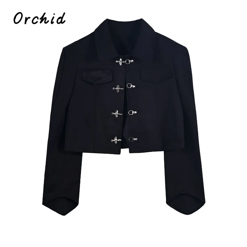 Korean High-end Solid Color Vintage Cropped Jacket Women Lapel Single Breasted Long Sleeves Blazer Crop Coat Autumn Winter 2023