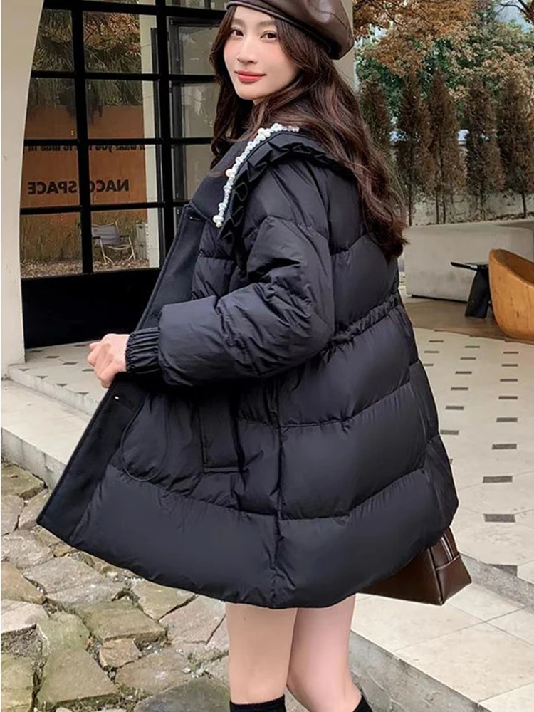 2024 Winter Parkas Chic Beading Cotton Padded Jacket Women Casual Drawstring Coat Oversized Female Puffer Jacket Fashion Outwear