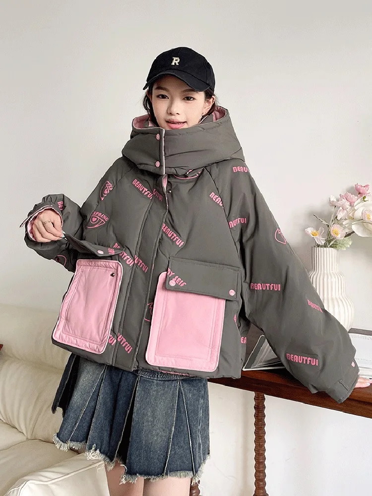 

Winter Short Patchwork Hooded Down Jacket Women Big Pocket White Duck Down Warm Jackets Female Thick Quilted Parka Outwears Coat