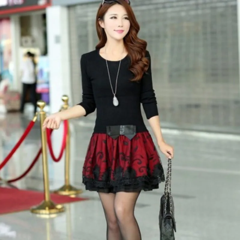

Womens Spring Autumn Lace Patchwork Mini Dress Ladies Long Sleeve O-neck Skinny Knitted Dresses Vestidos De Festa
