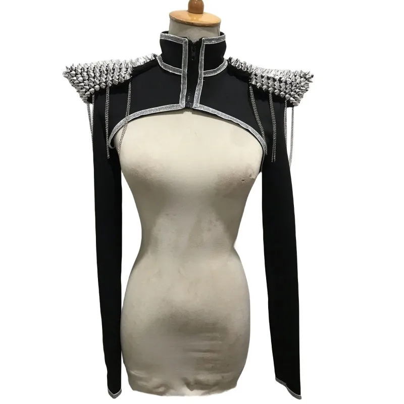 Women Cutout Jazz Dance Shoulder Pads Red Black Rivet Chain Vest Rave Outfit Nightclub DJ DS Stage Performance Accessories