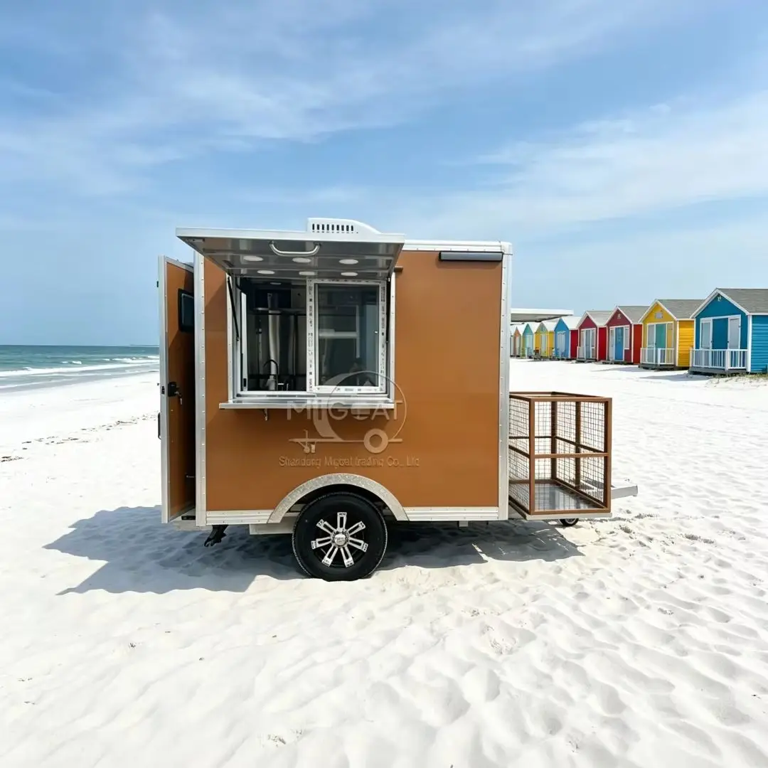 Brown Mobile Food Trailer With Refrigerator Stainless Steel Kitchen Catering Cart For Street Food Coffee Ice Cream Business