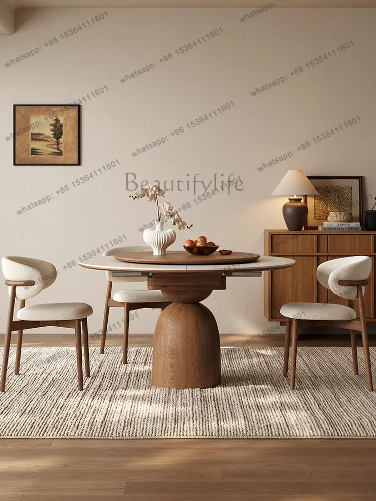 YJ medieval style telescopic travertine rock slab dining table induction cooker household small apartment solid wood turntable