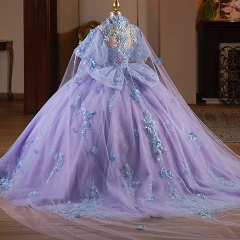 라벤더 샤이니 퀸시에라 드레스 오프숄더 아플리케 레이스 비딩 보우 튤 파티 생일 스위트 16 드레스 베스티도스 15