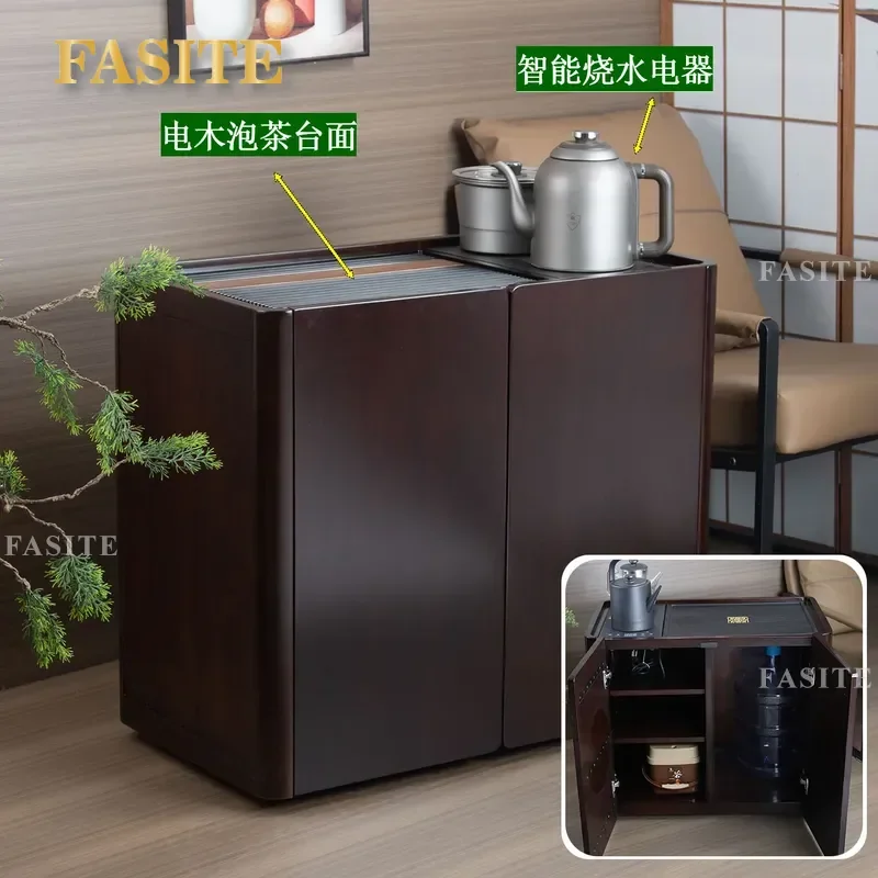 For Solid Wood Ebony Tea Cabinet Mobile Side Table with Boiling Water Station Integrated Water Bar for Home Living Room