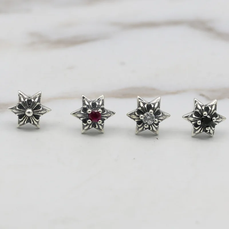 

Hip Hop Punk Style Pure Silver Set with Crystal Cross Trendy Men's Single Thai Silver Earrings Women's Hexagram Thai Silver Earr