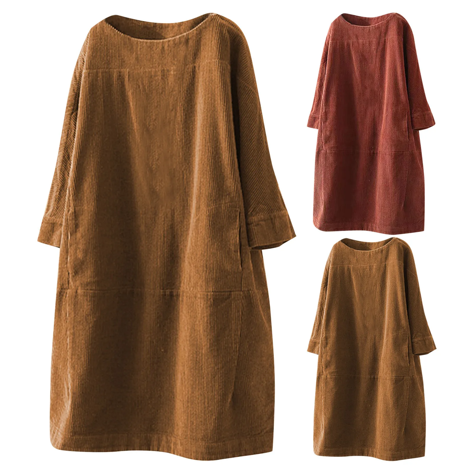 Vintage Pockets Corduroy Solid Color Dress Long Sleeve Loose Fit Casual Dresses Round Neck 2024 Autumn Fashion Dress Women