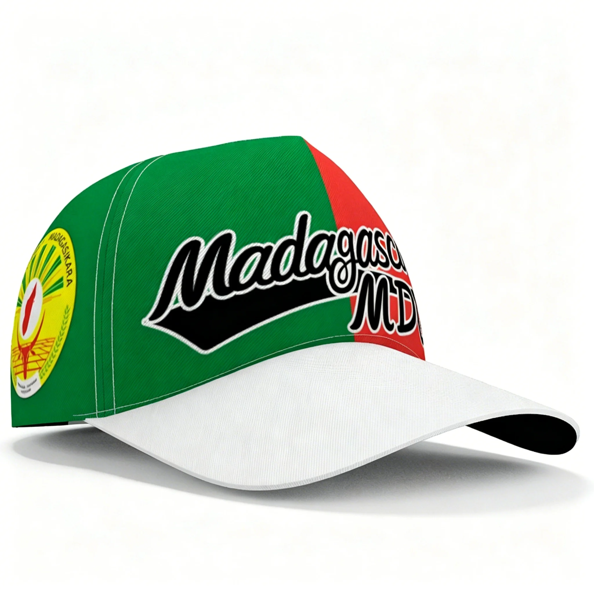 Gorra de béisbol con bloques de color de la bandera de Madagascar para hombres y mujeres, verde, rojo, blanco, estampado 3D, ajustable, para exteriores, protección solar, tipo snapback