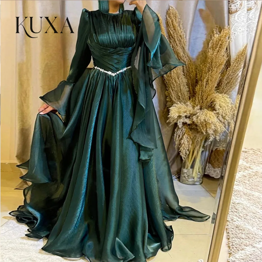 KUXA Saudi Muslimische Elegante Abendkleider A-Linie Lange Ärmel Taillendekoration Ballkleider Maßgeschneiderte Robes De Soirée 2026