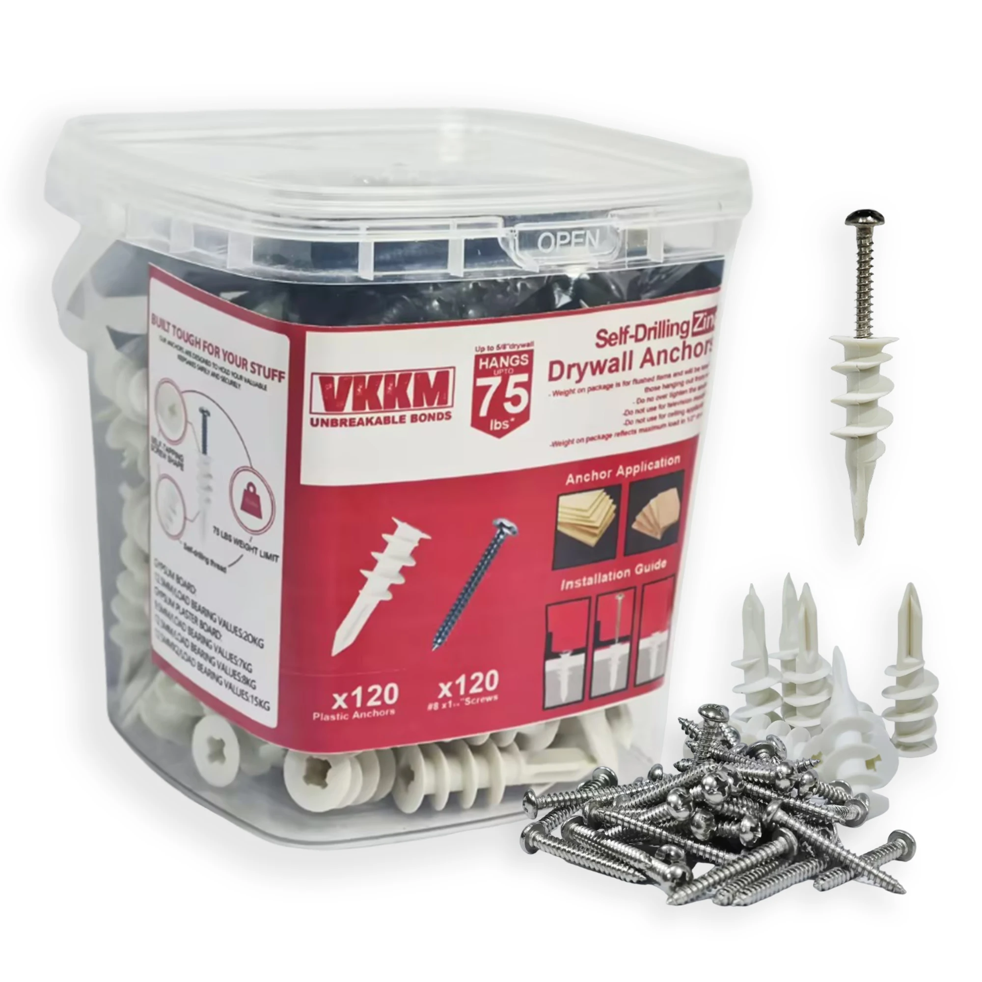 

VKKM #8 x 1-1/4'' Self-Drilling Zinc Plated Drywall Anchors with Screws - 30 to 240-Piece Pack for Heavy Duty Wall Mounting