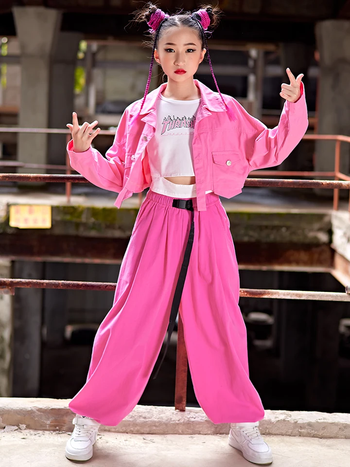 K-pop Modern Dance Clothes For Girls Pink Coat Pants Kids Hip-Hop