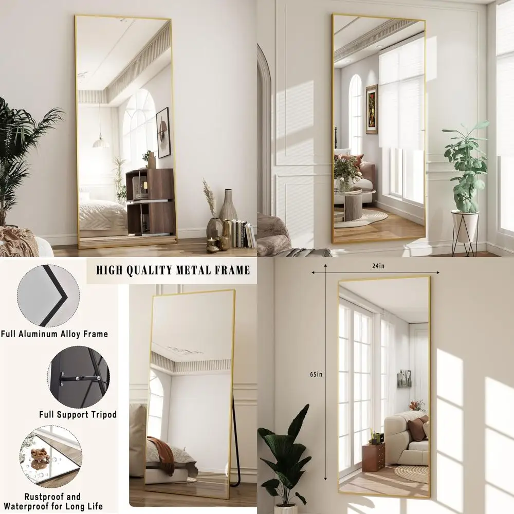 

Зеркало напольное 65 x 24 дюйма с подставкой, рама из сплава, закаленное стекло, золотистое, подходит для гостиной