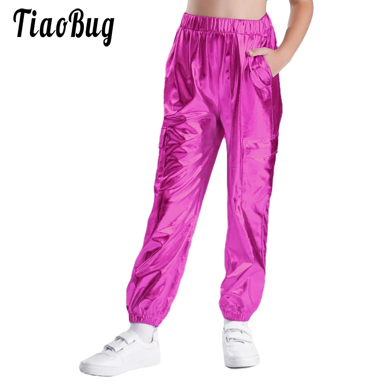 

Kids Boys Girls Metallic Shiny Pants for Hip Hop Street Modern Dance Costumes Elastic Waistband Sports Trousers Performance