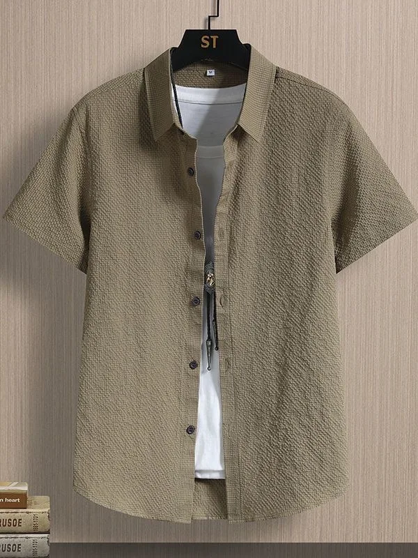 Men's Short Sleeve Shirt Ice Silk Cool Feeling Slim Fit Summer Bubble Cloth Shirt Youth Fashion Sun Protection Processing