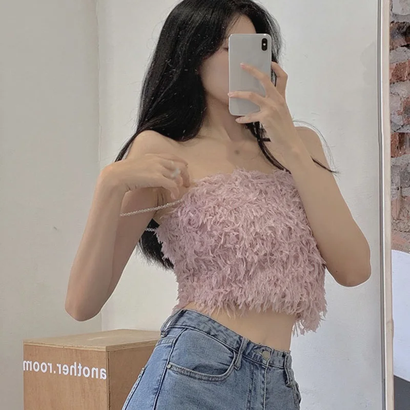 Fashion Sexy Tube Top Down Feather Outer Wear Camisole Female Slim Short Top women