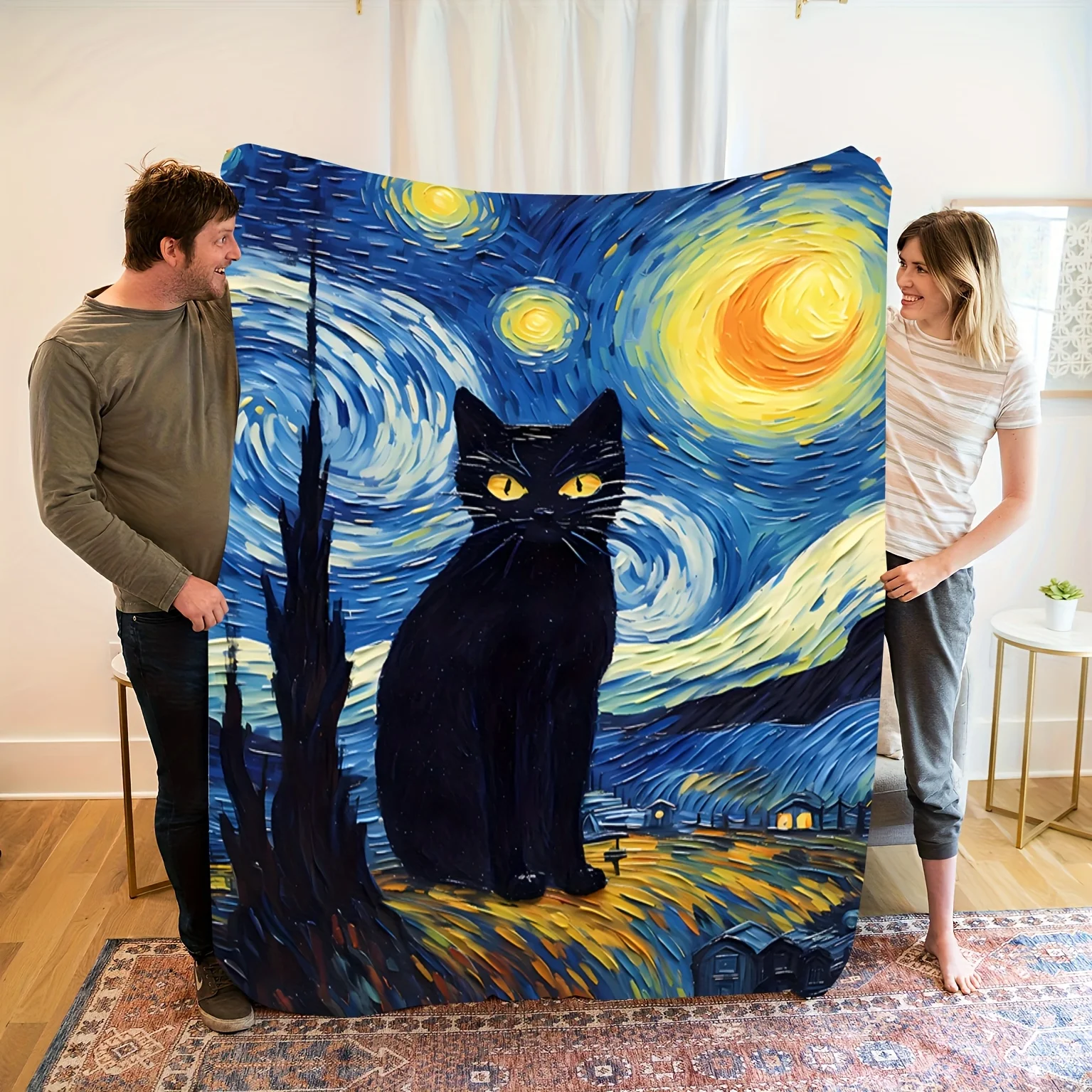 Starry Night with Black Cat Flannel Blanket - Soft, Warm, and Cozy, Travel, and Home Decor, Perfect Gift for Friends and Family