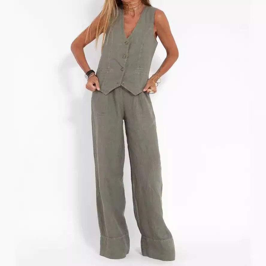 Summer Casual Jacket Cotton Ensemble Femmes Vest Wide Leg Pants Button Front Sleeveless Jacket V Neck Crop Jacket Two Piece Set