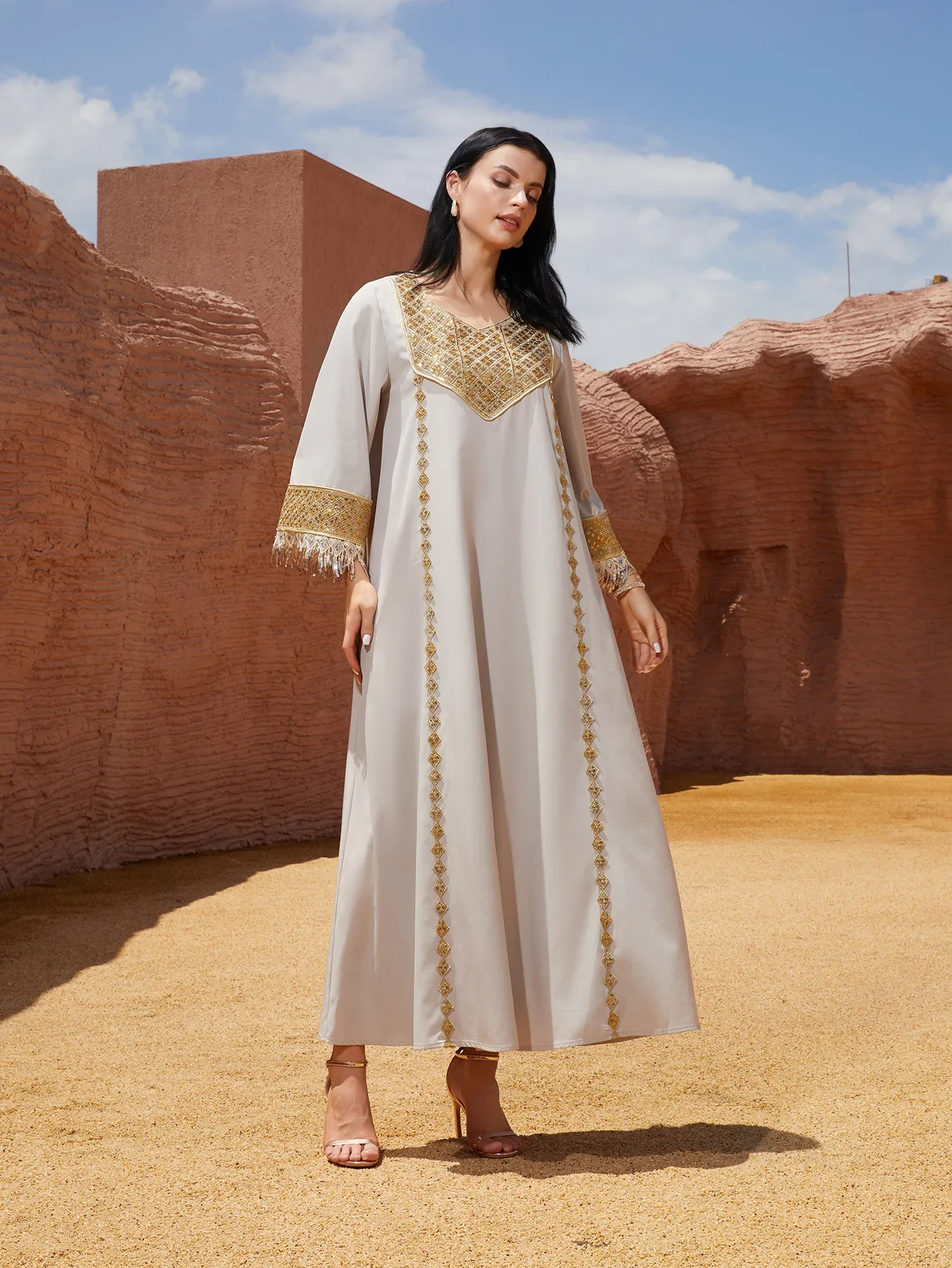 Eid Abaya Abito da donna Musulmano Paillettes Nappa Dubai Abiti Largos Abiti lunghi Caftano Arabo Robe Party Caftano Jalabiya Ramadan