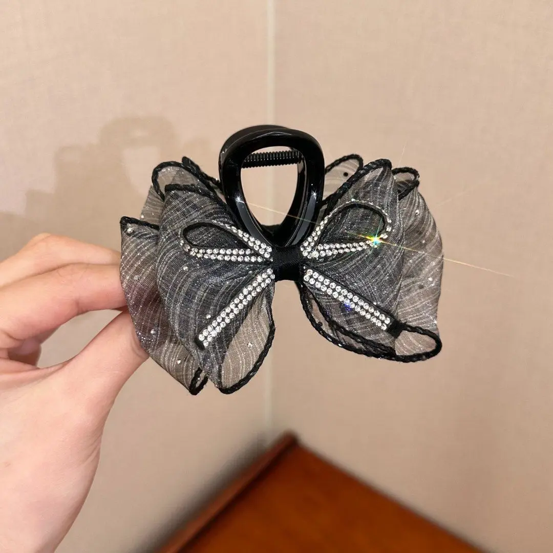 Girls Vintage Elegant Rhinestone Ponytail Clip Accessories Trendy Mesh Bow Hair Claw Sweet Geometric Butterfly Hair Clamp Women