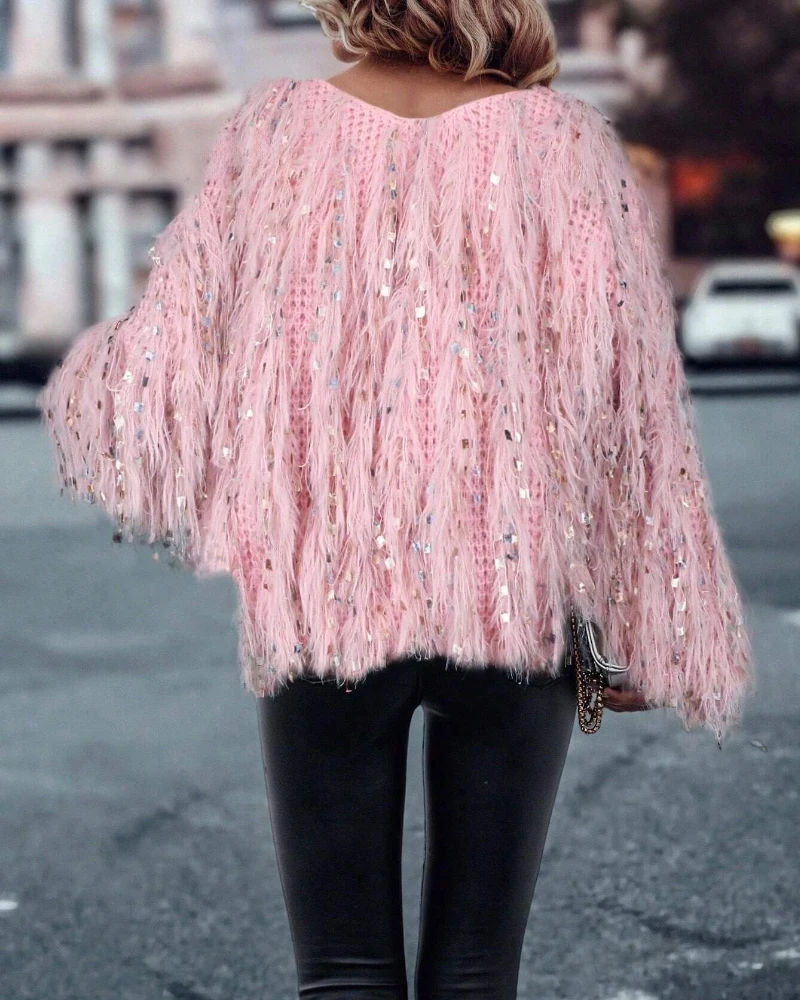 Women's Sweater Top Loose Fit V Neck Long Sleeve Contrast Sequin Decor Knitted Sweater Tassel Design Casual Pullover Sweater