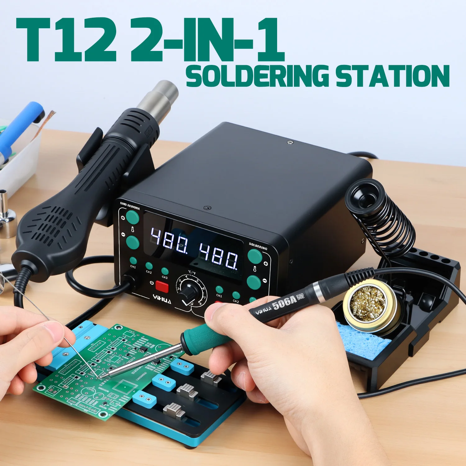 

YIHUA 775W 902D-IV T12 Fast Heating Digital Soldering Iron Station Hot Air Rework Station 2-in-1 BGA SMD Welding Tool