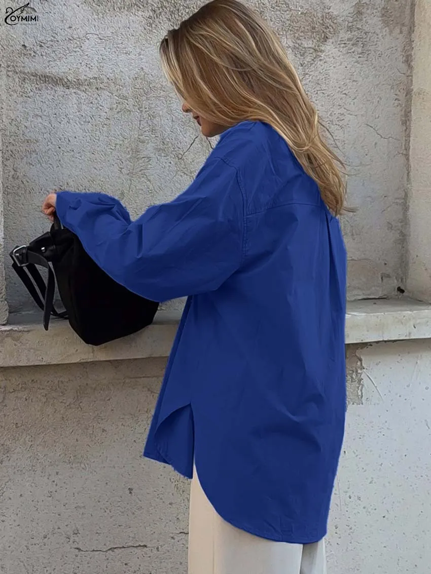 Oymimi Camicia da donna elegante in cotone blu Moda Colletto rovesciato Camicie a maniche lunghe Casual Camicette monopetto solide Donna
