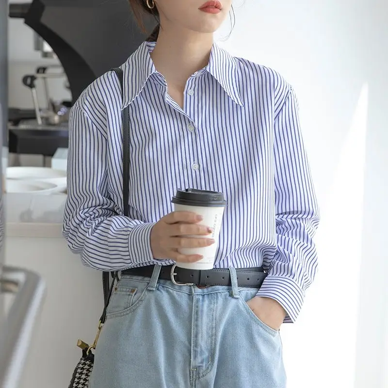 

Blue White Striped Shirt for Women Spring Autumn New Long Sleeve Polo Neck Korean Loose Blouse Fashion Street Casual Clothing