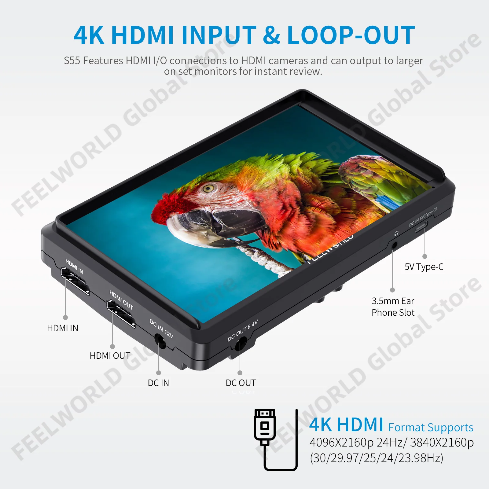 FEELWORLD 5.5นิ้ว4K แบบพกพากล้อง DSLR Field Monitor HDMI อินพุตเอาต์พุตขนาดเล็ก Full HD 1280X720 IPS tilt Arm Power S55