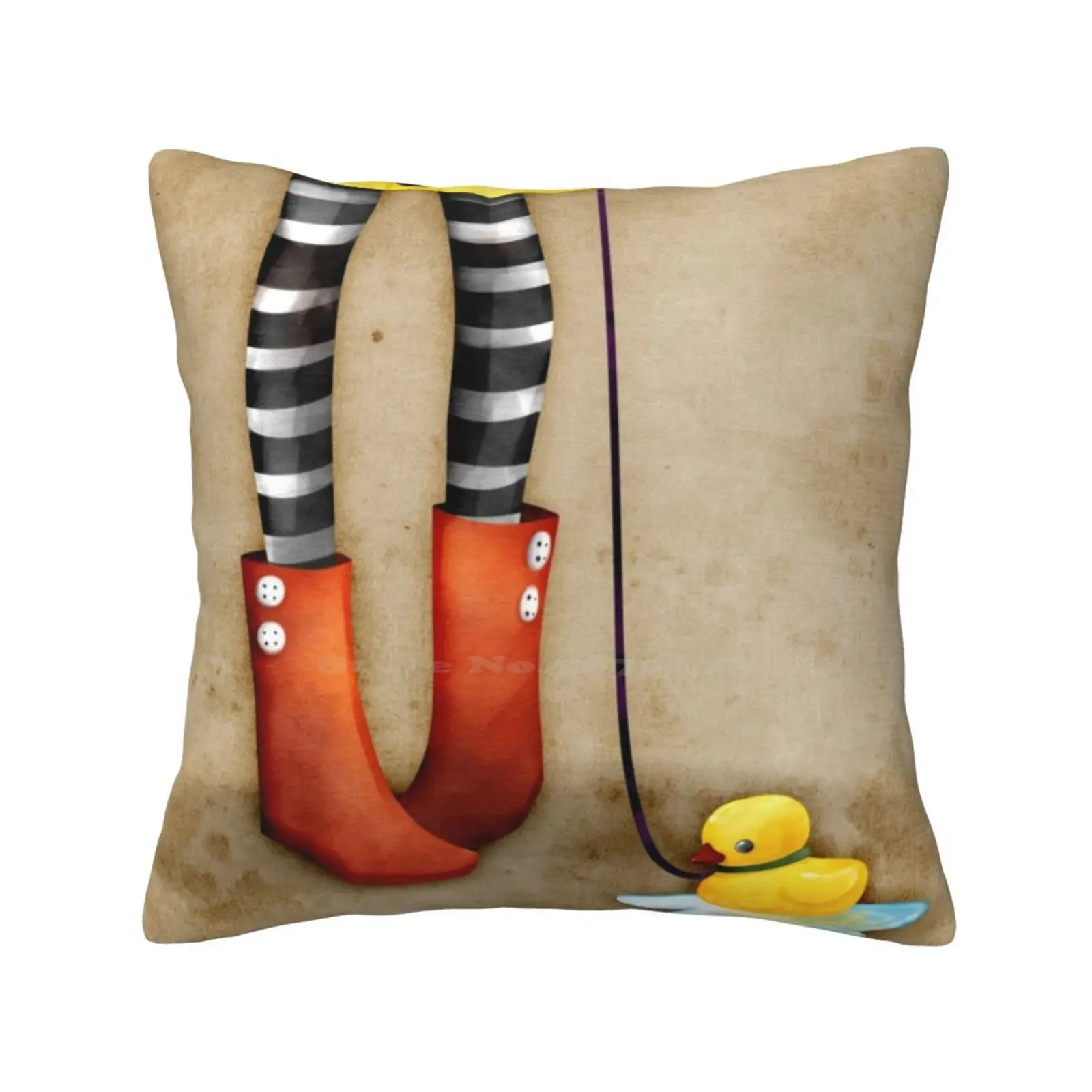 _ Rd Pillow Cover Hug Pillowcase Rubber Ducky Rain Boots Red Coat Leash Puddle Water Cute Girl Stripes Wellington Texture